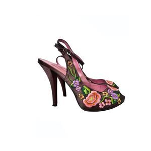 Vintage Betsey Johnson Chocolate Brown Floral Embroidered Heels | Y2K Coquette